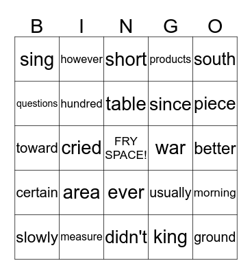 Fry Word Bingo! Bingo Card