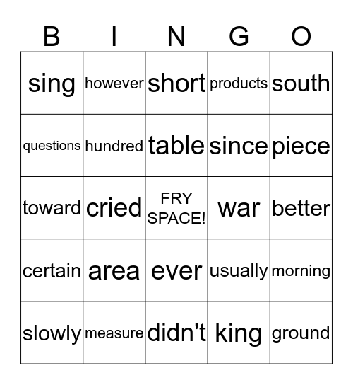 Fry Word Bingo! Bingo Card