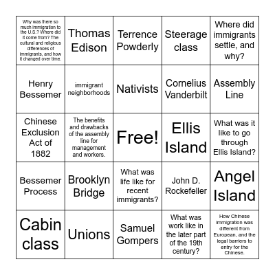 Industrialization & Immigration Test Review Bingo Card