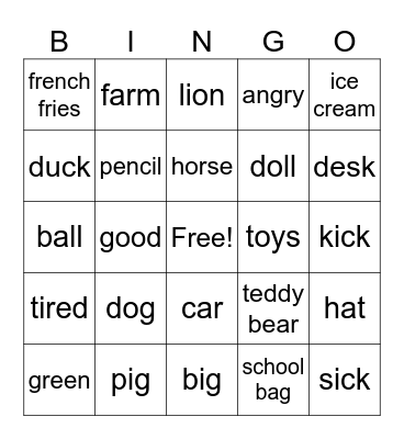Toys and Animals Bingo Card