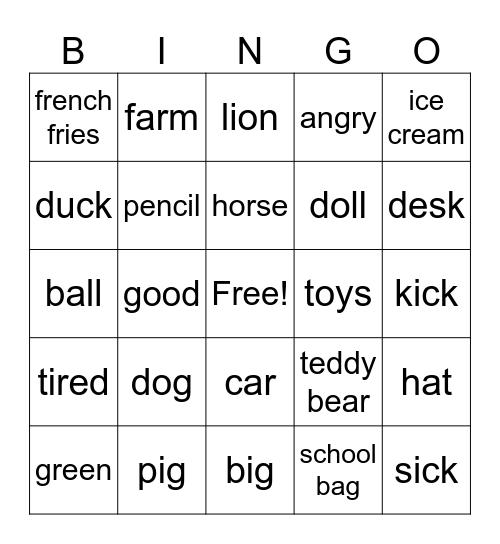 Toys and Animals Bingo Card