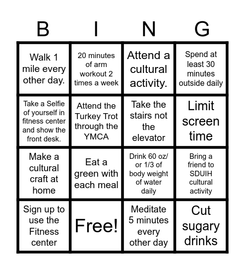 November Fitness Bingo Card