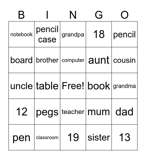 Family + classroom things + numbers Bingo Card