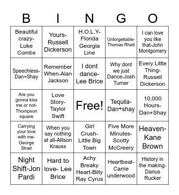 Country Love Songs Bingo Card
