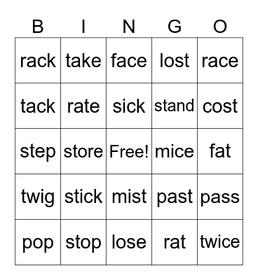 Magic "e" and st/sp blends Bingo Card