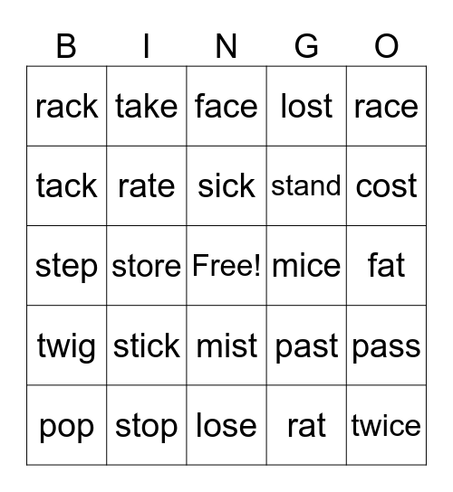 Magic "e" and st/sp blends Bingo Card