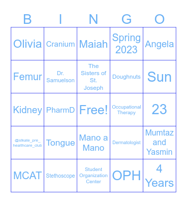 Pre-Healthcare Club Bingo Card