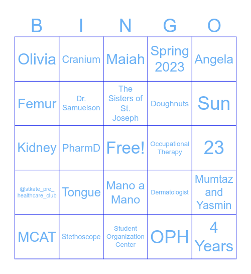 Pre-Healthcare Club Bingo Card