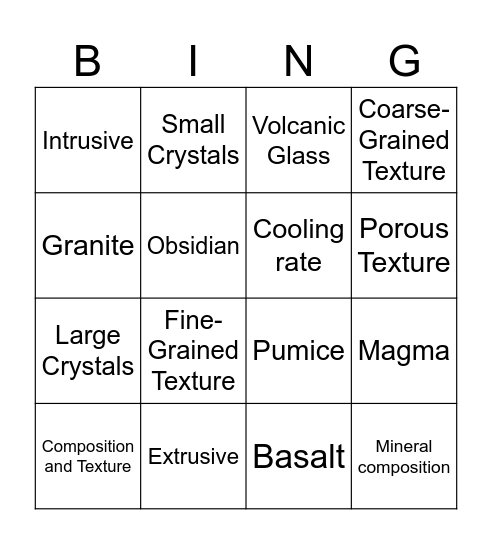 Igneous Rocks Bingo Card