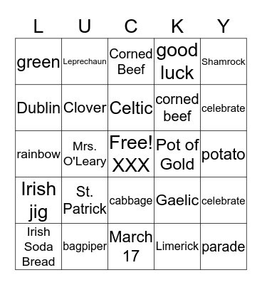 Saint Patrick's Day Bingo Card