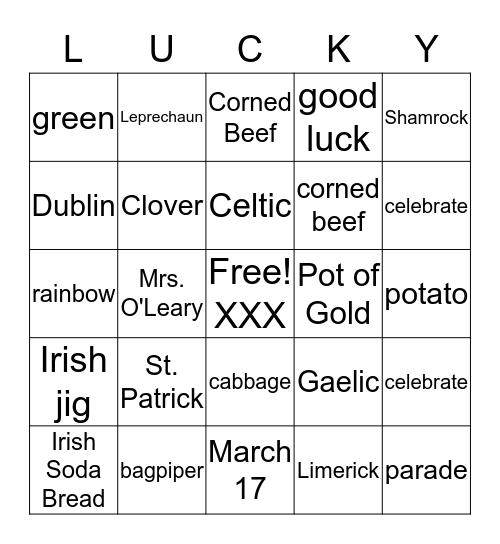 Saint Patrick's Day Bingo Card