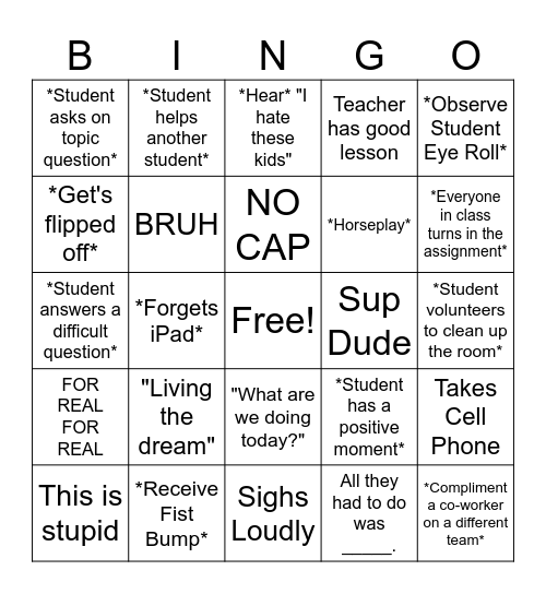 Teacher Bingo Card