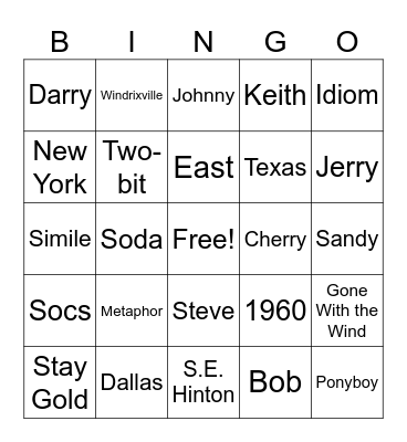 The Outsiders Bingo Card