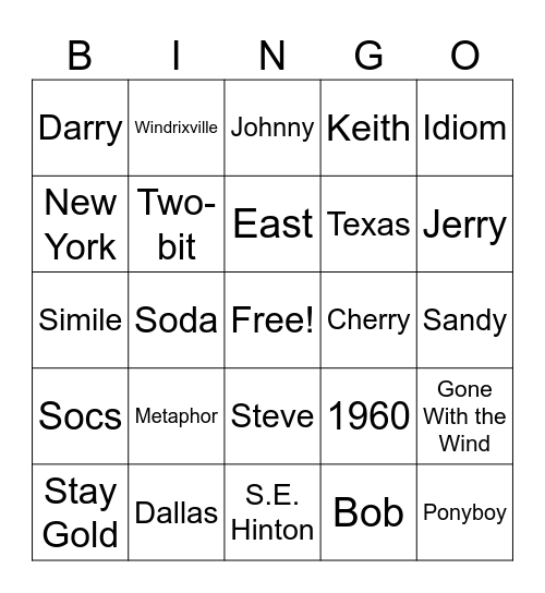 The Outsiders Bingo Card