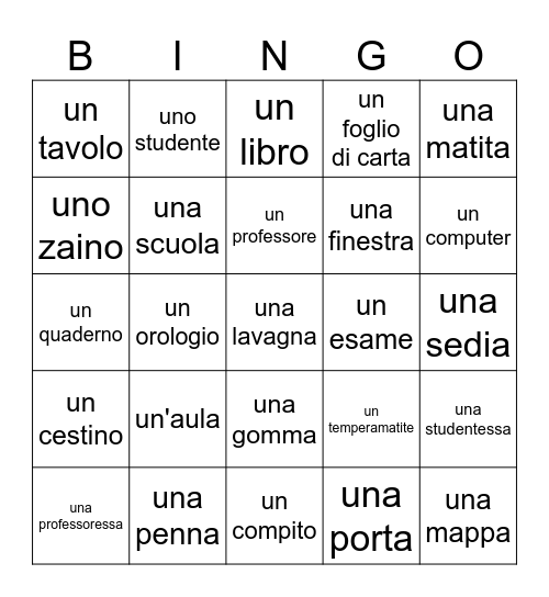 Italian classroom objects Bingo Card