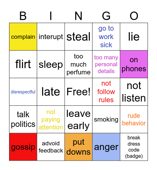 Things you should not DO at Work Bingo Card