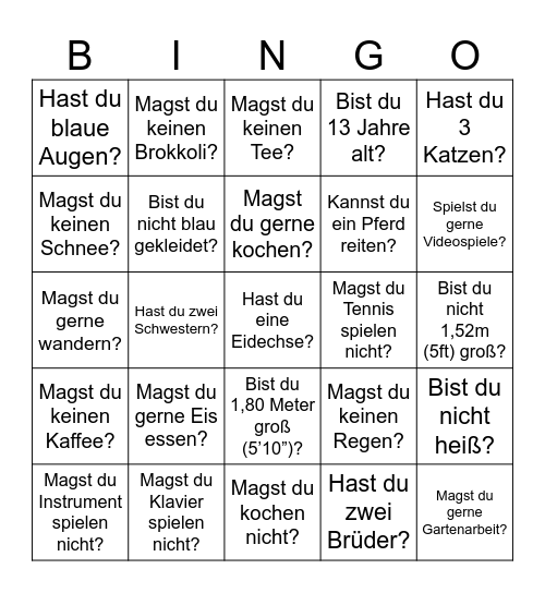 Persönliche Frage Bingo Card