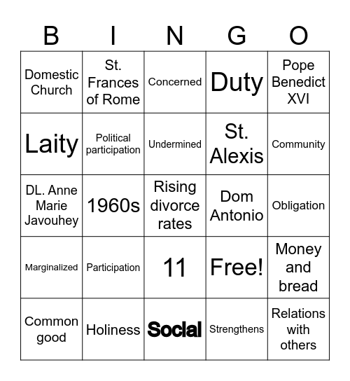 Call To Be Family Bingo Card