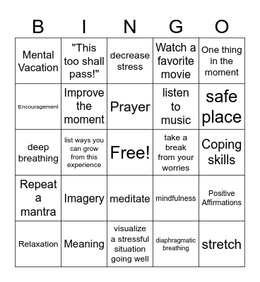 Distress Tolerance- IMPROVE Bingo Card