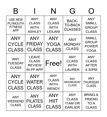 GEB - Group Exercise Bingo Plymouth Fitness Bingo Card