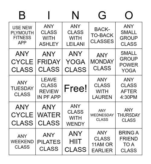 GEB - Group Exercise Bingo Plymouth Fitness Bingo Card