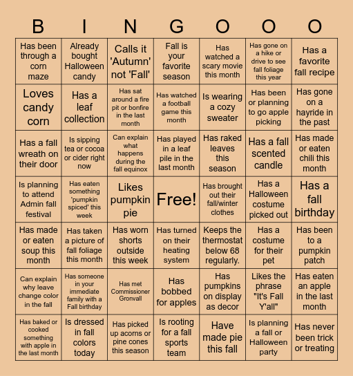 FMR Fall Bingo Card