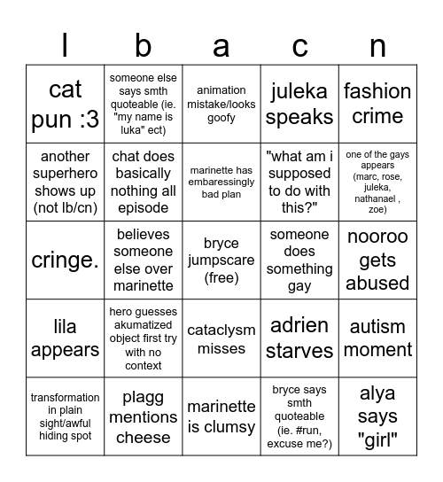miraculous bingo Card