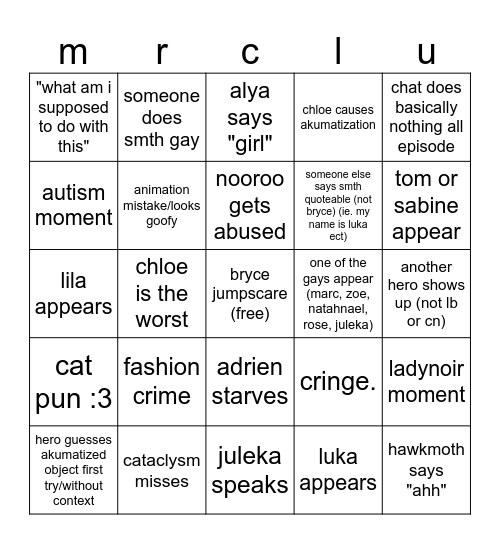 miraculous s1-5 Bingo Card