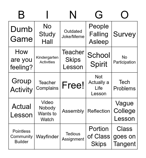 Life Class Bingo Card