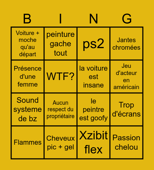 Pimp my ride Bingo Card