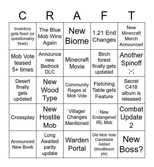 Minecraft Live 2023 Bingo Card