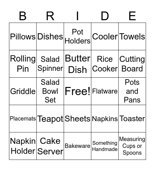 Brittany's Bridal Shower Bingo Card