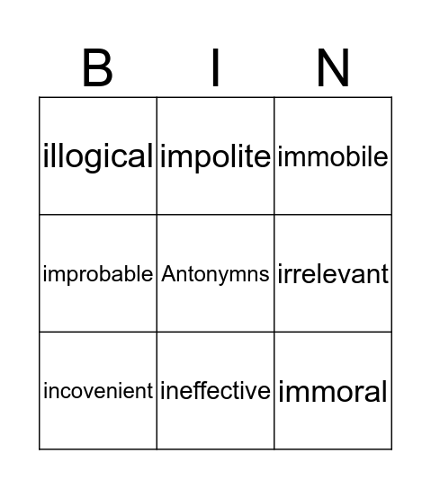 Antonymns Bingo Card