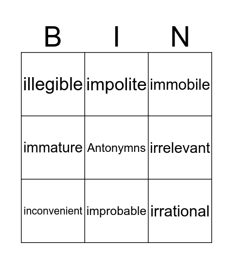 Antonymns Bingo Card