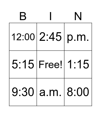 Telling Time BINGO Card