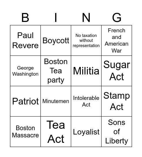 American Revolution Bingo Card