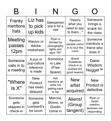 Tuesday MKT meeting Bingo Card