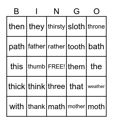 'th' voiced and unvoiced Bingo Card