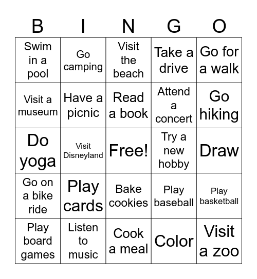 Recreation & Leisure Bingo Card