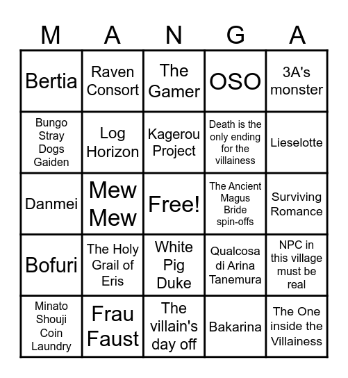 Manga che vorrei Bingo Card