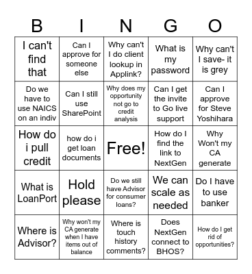 NextGen Go-Live Bingo Card