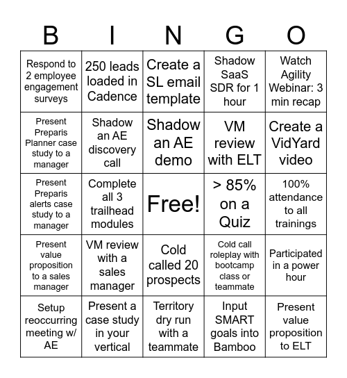 SaaS SDR Bootcamp BINGO Card