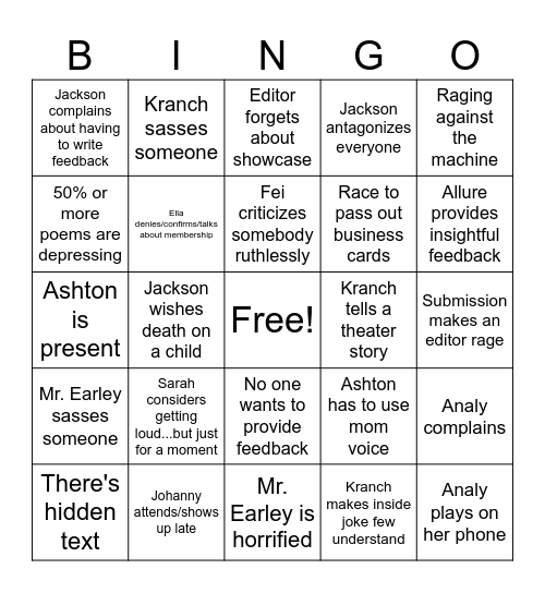 Soliloquy Bingo Card