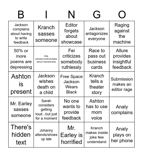 Soliloquy Bingo Card