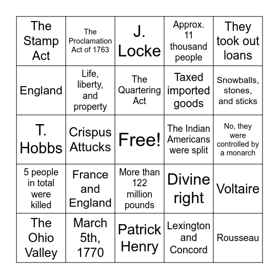 Causes for the Revolutionary War Bingo Card