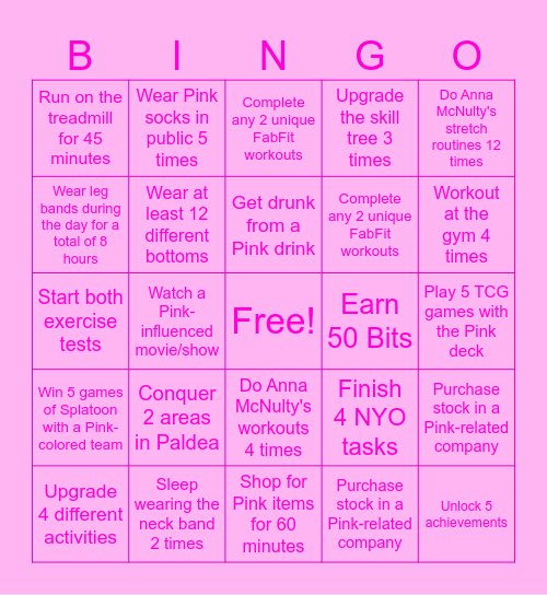 Pink's October Bingo Board Bingo Card