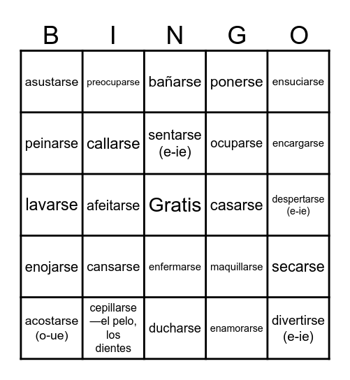 Reflexive Verb Review Bingo Card