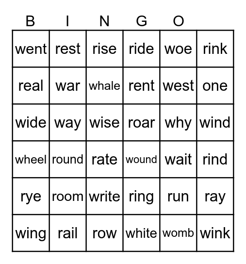 R and W Minimal Pairs Bingo Card