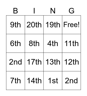 Ordinal Numbers Bingo Card