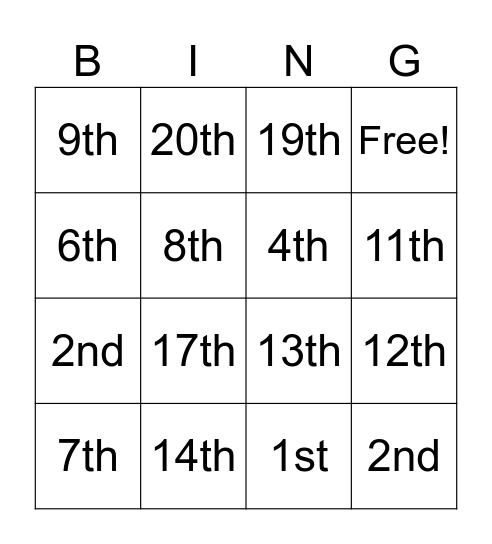 Ordinal Numbers Bingo Card